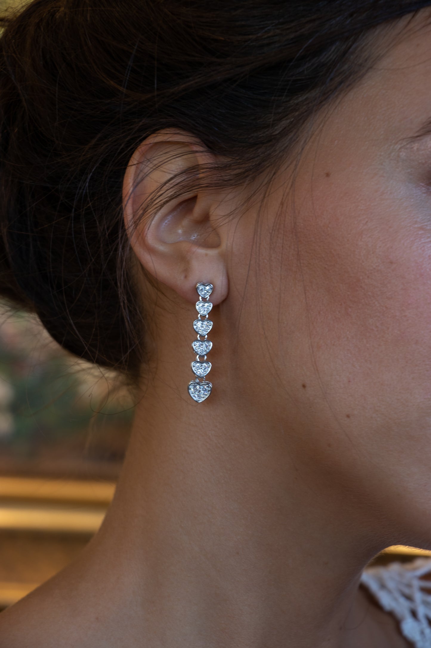 Aros largos corazón, plata 925 y zirconitas.