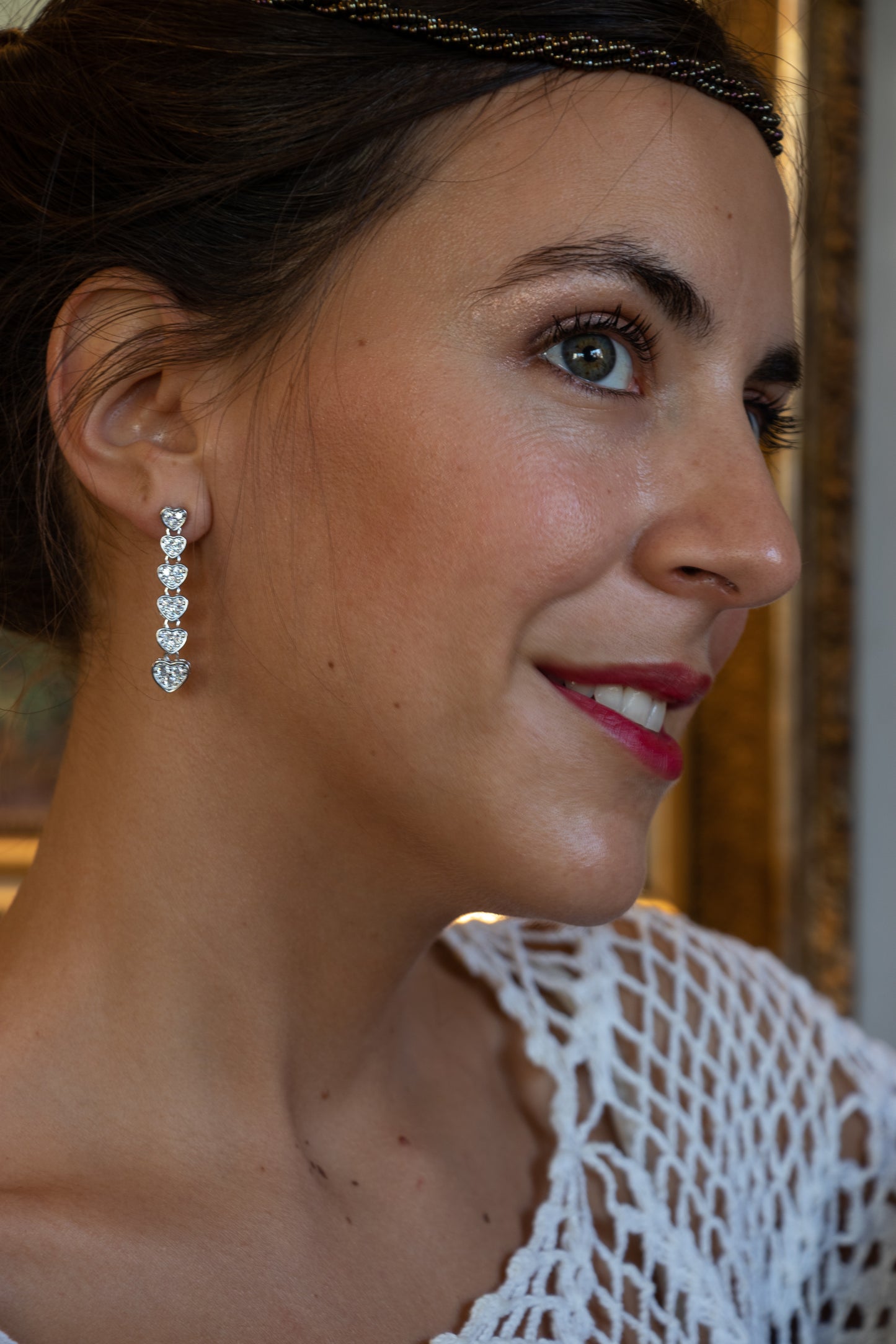 Aros largos corazón, plata 925 y zirconitas.