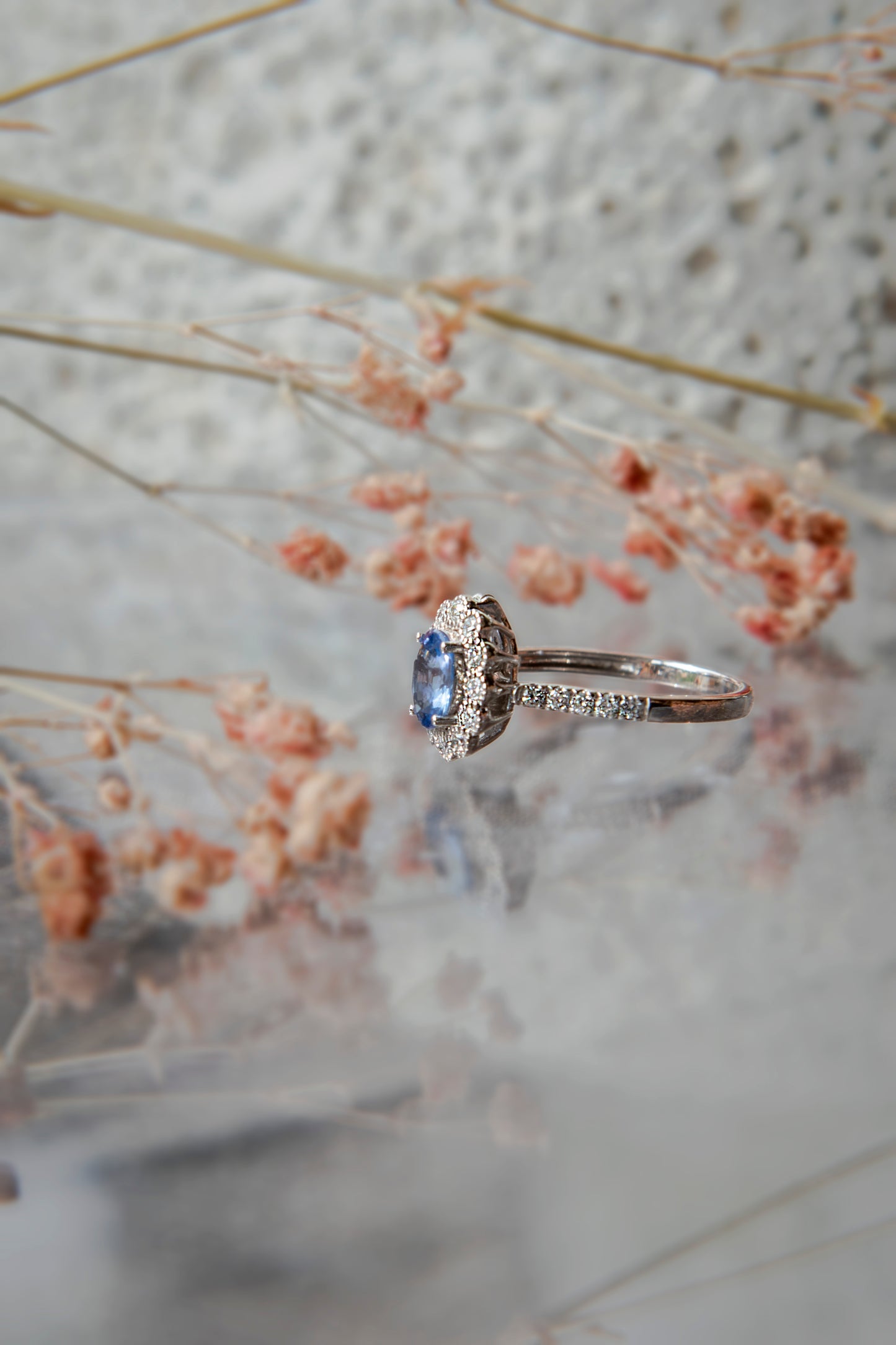 Anillo modelo Lady Di, oro blanco, Zafiro y brillantes