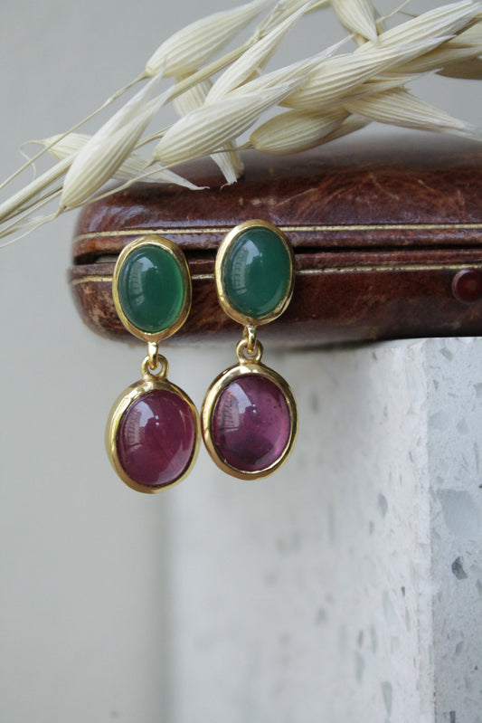 Aros plata 925 enchapados en oro con agatha y rubí