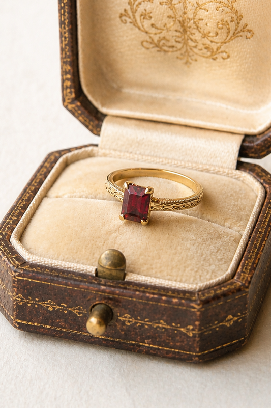 Anillo solitario granate y oro amarillo
