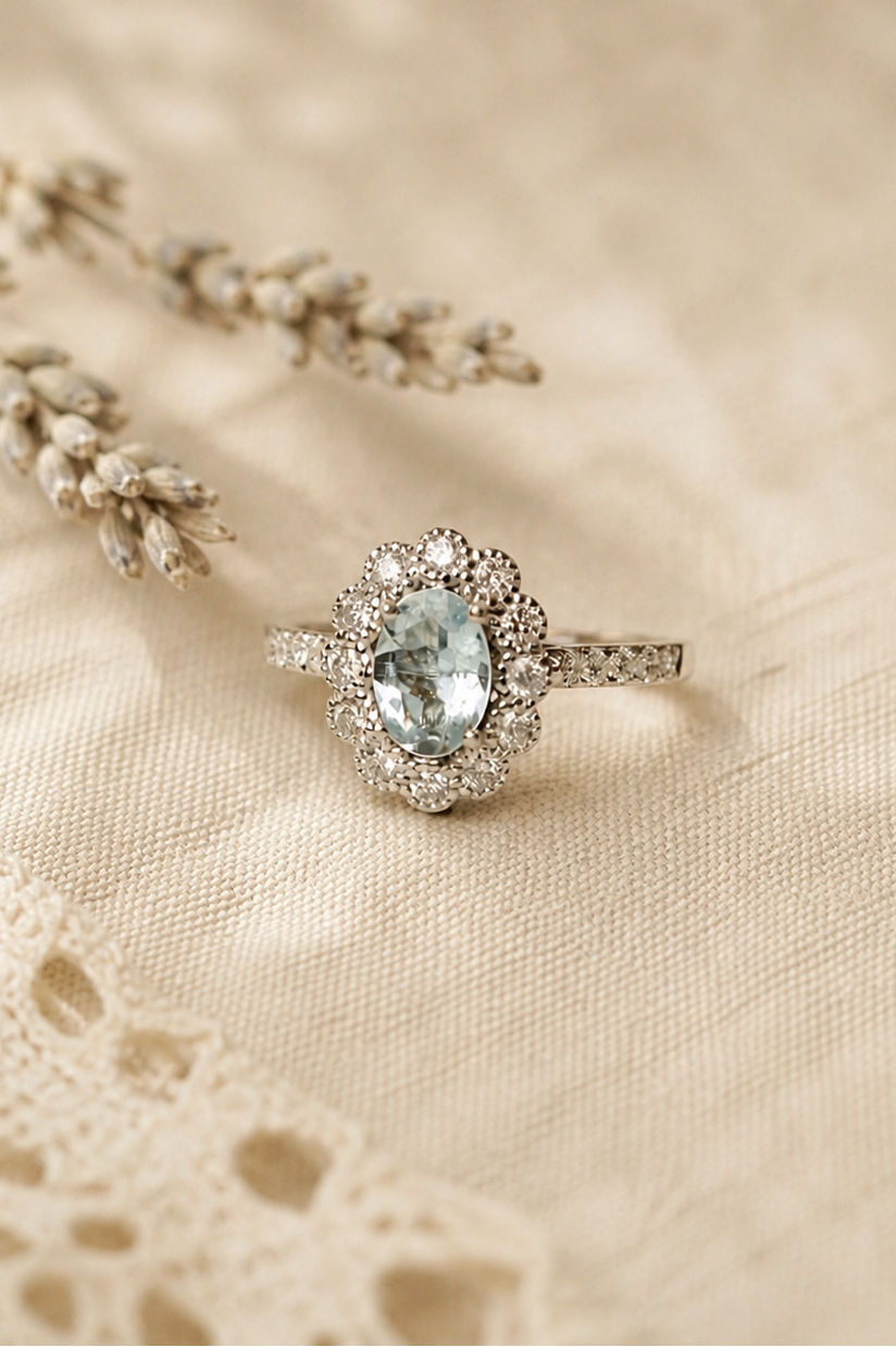 Anillo oro blanco, aguamarina y brillantes