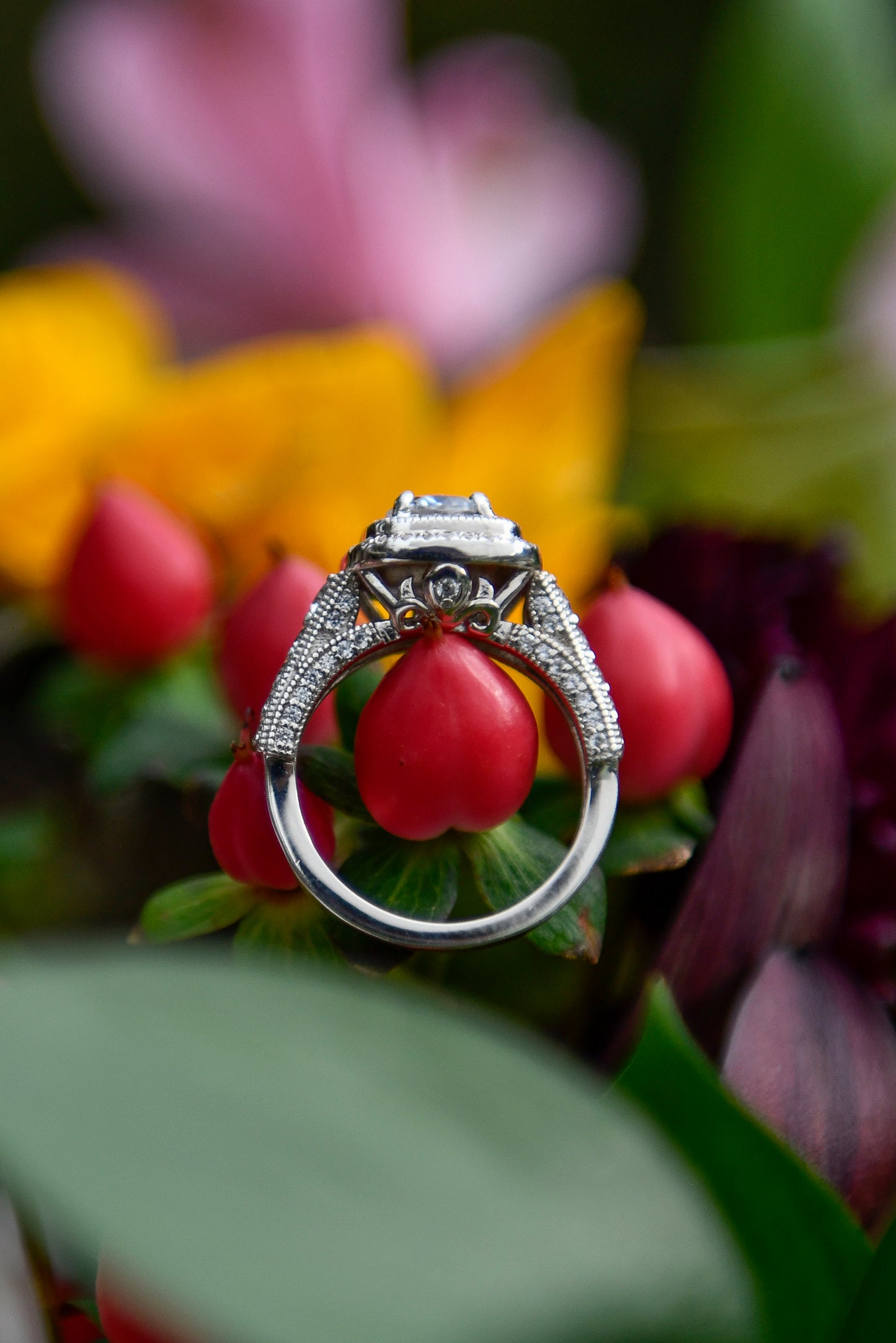 Anillo modelo halo cushion, plata 925, Moissanita central rodeada por zirconitas.