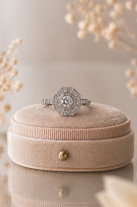 Anillo halo hecho a mano a pedido en platino y brillantes