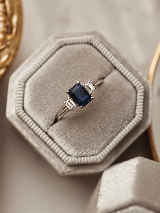 Anillo a pedido, hecho a mano, platino, zafiro y diamantes