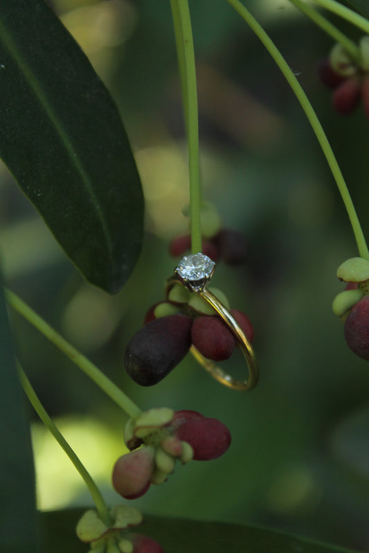 Anillo solitario europeo, hecho a mano, de oro amarillo y brillante.