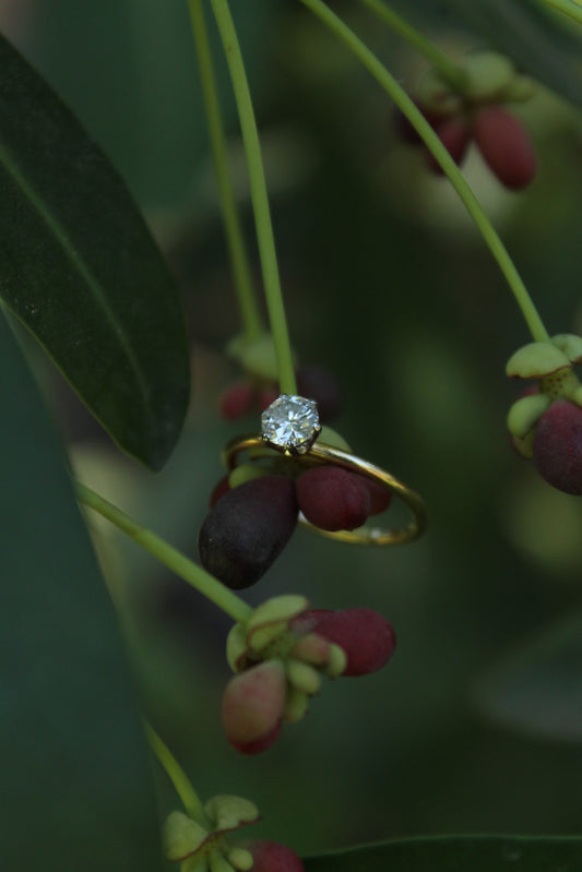 Anillo solitario europeo, hecho a mano, de oro amarillo y brillante.